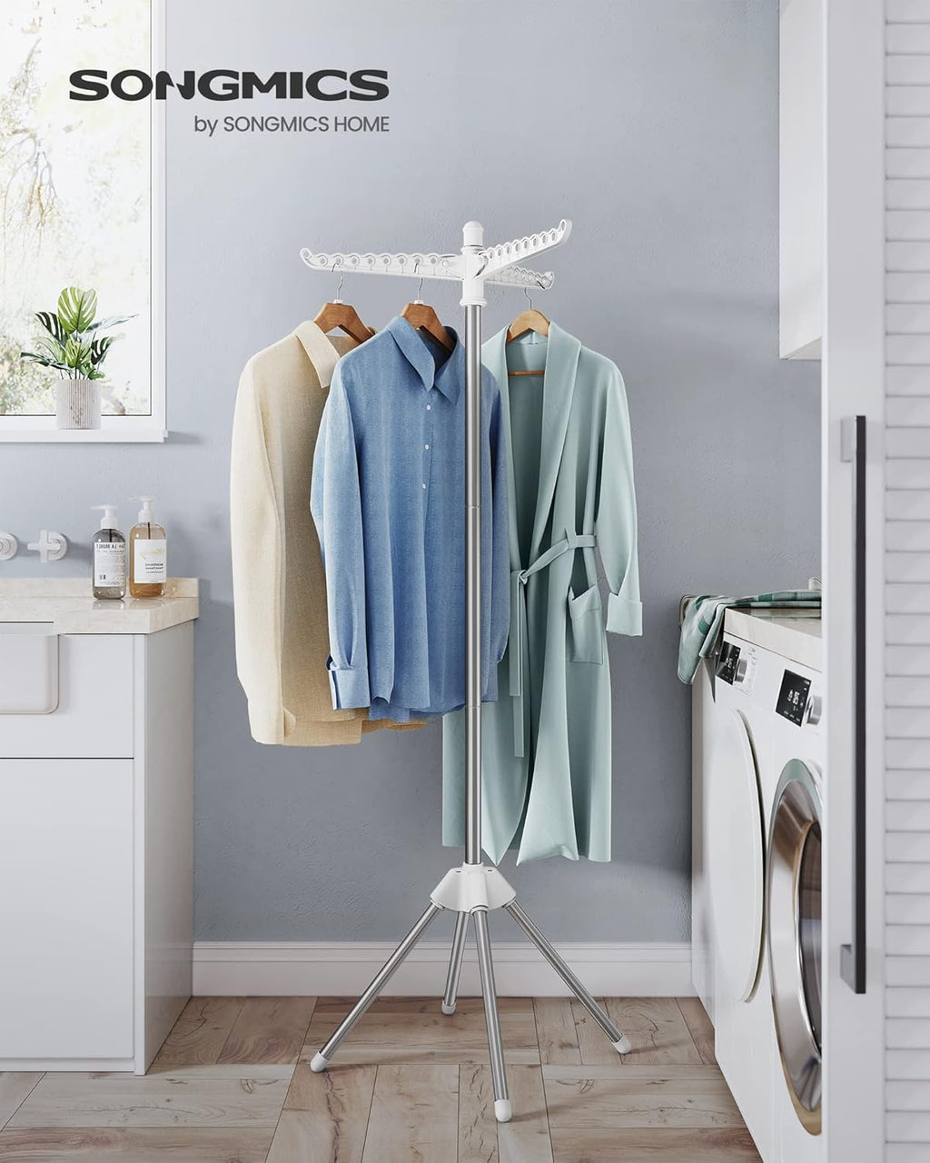 Clothes Drying Rack, 59-Inch Folding Laundry Drying Rack with 3 Rotatable Arms for Hangers, 4 Legs, Stainless Steel