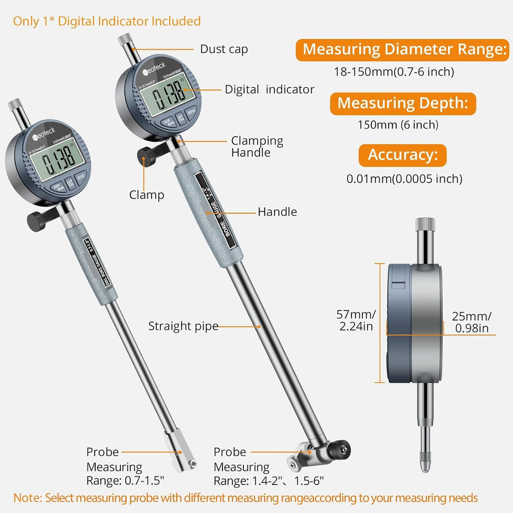Neoteck Digital Dial Indicator Bore Gauge, 0.7"-6"/0.0005" Measuring Range