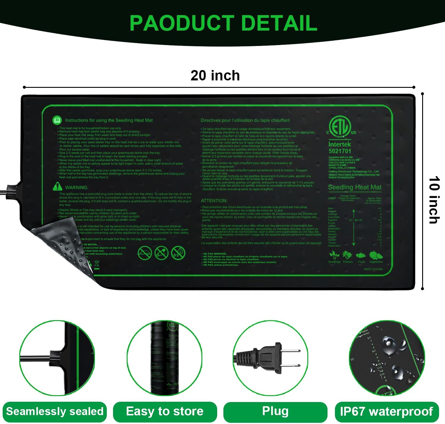 10"x20" Seedling Heat Mat for Seed Starting and Germination,2 Pack | Durable Waterproof Hydroponic Heating Pad with