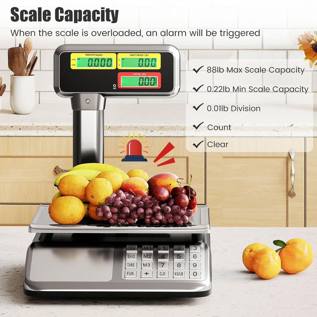 Price Computing Scale with Pole Display, 88 lb Commercial Food Scale with Stainless Steel Platform, Rechargeable