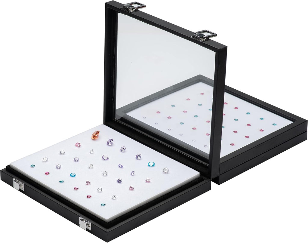 Jewelry Display Case Tempered Glass Top Lid Black Leatherette,Gemstone Display Case Jewelry Storage Box with Metal