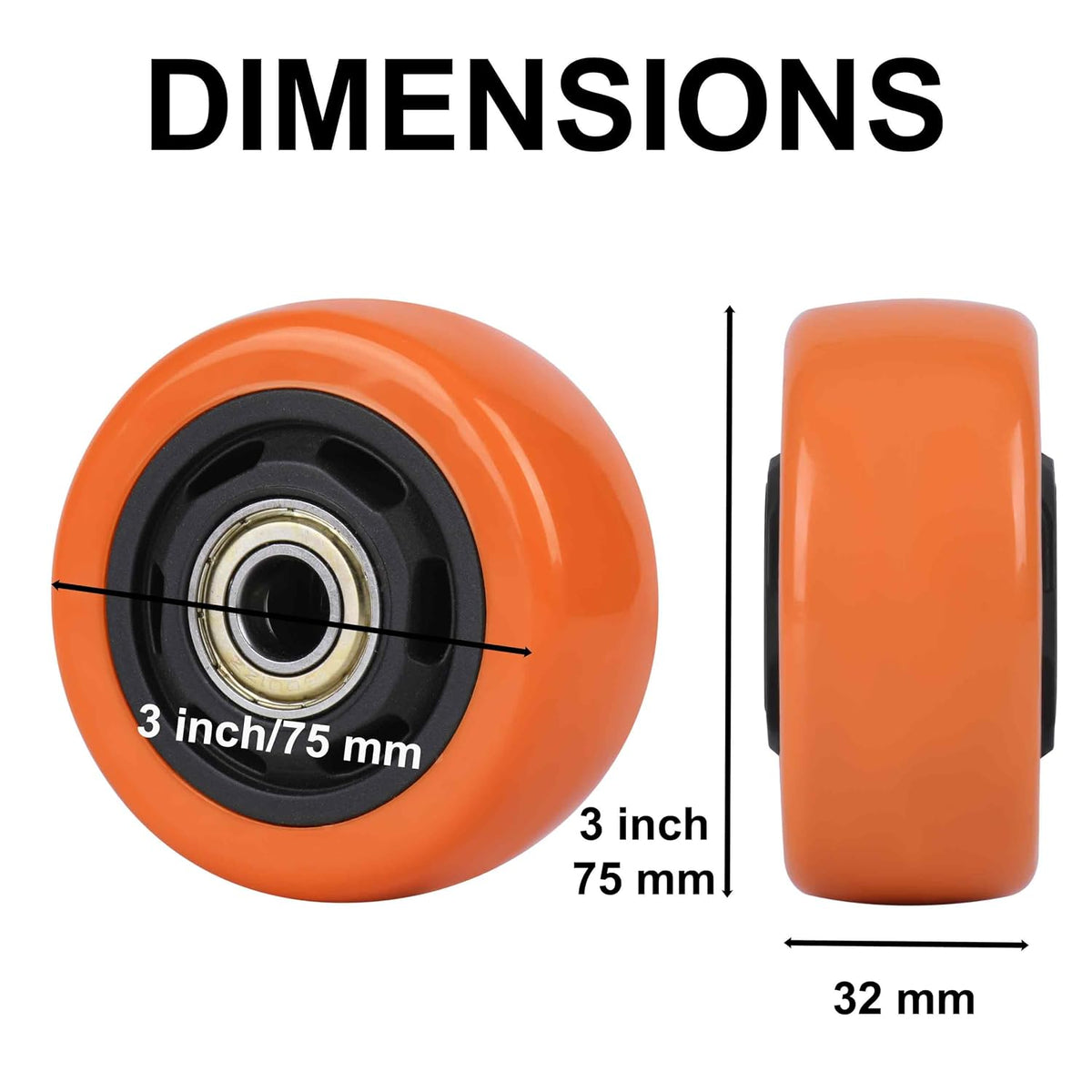 3" Caster Replacement Wheels Heavy Duty Polyurethane 4 Pack Orange