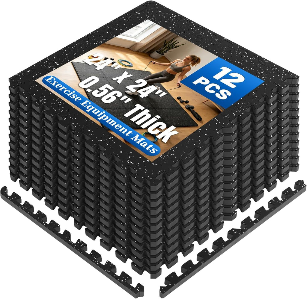0.56" Thick Rubber Top 12 Tiles Gym Flooring for Home Gym Interlocking Foam