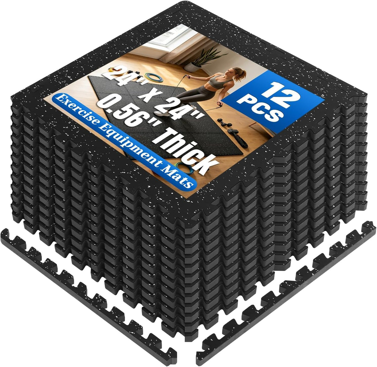0.56" Thick Rubber Top 12 Tiles Gym Flooring for Home Gym Interlocking Foam