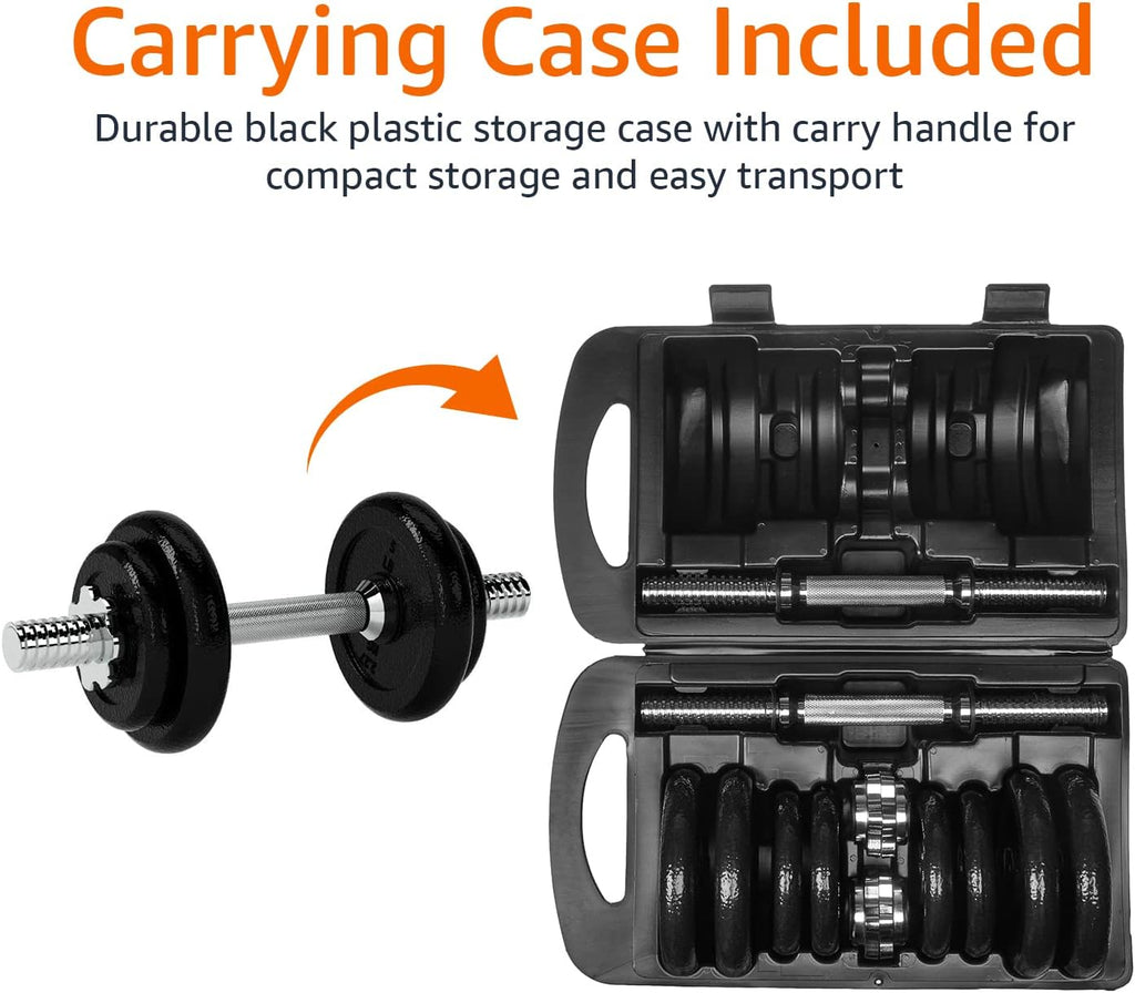Adjustable Dumbbell Hand Weight Set with Storage Case, Portable, Secure, 38 Pounds, Black