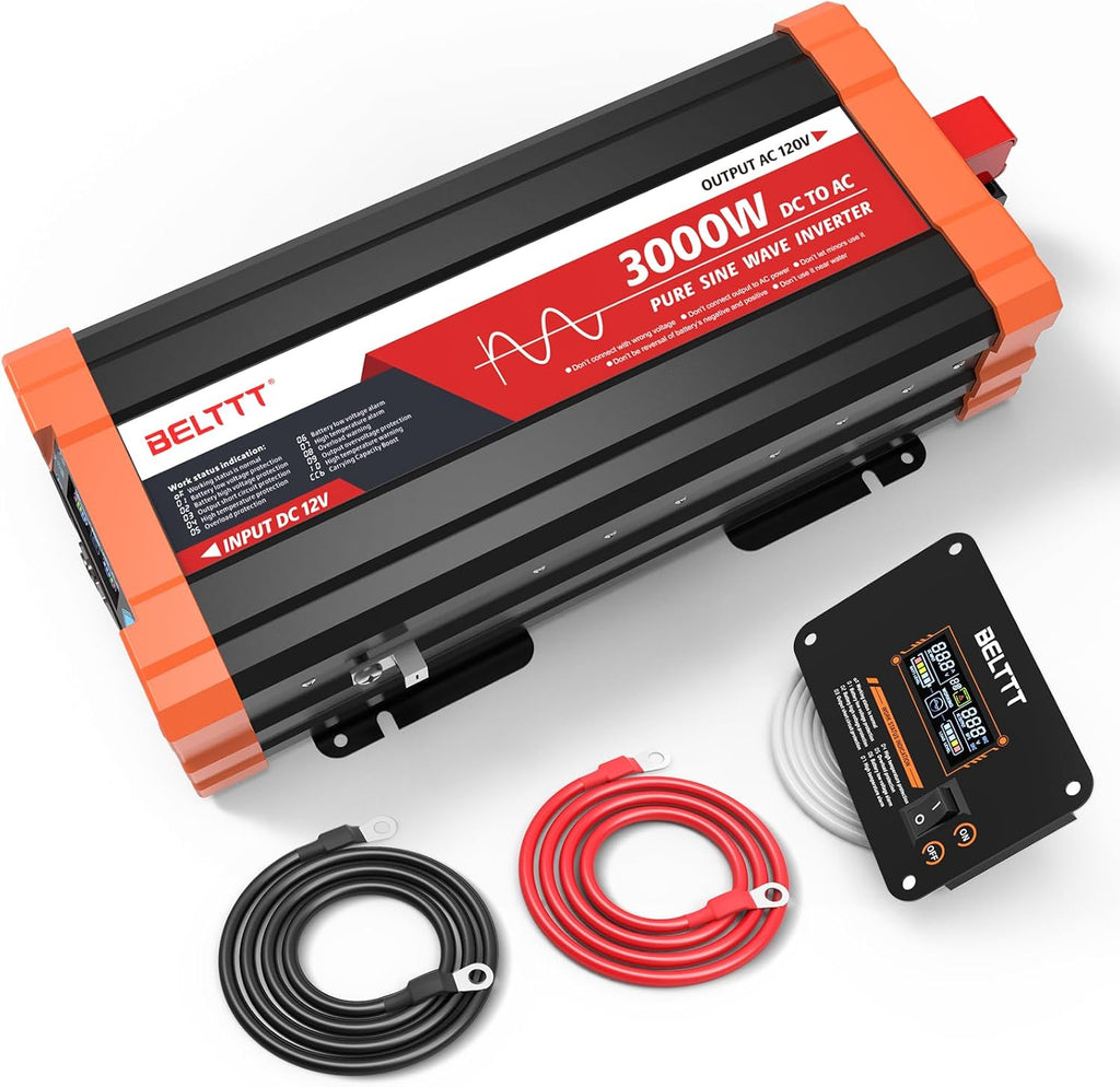 3000W Pure Sine Wave Inverter 12V DC to 120V AC, 6000W Peak | LCD Display, 23 ft Wired Remote, Dual AC and 20A