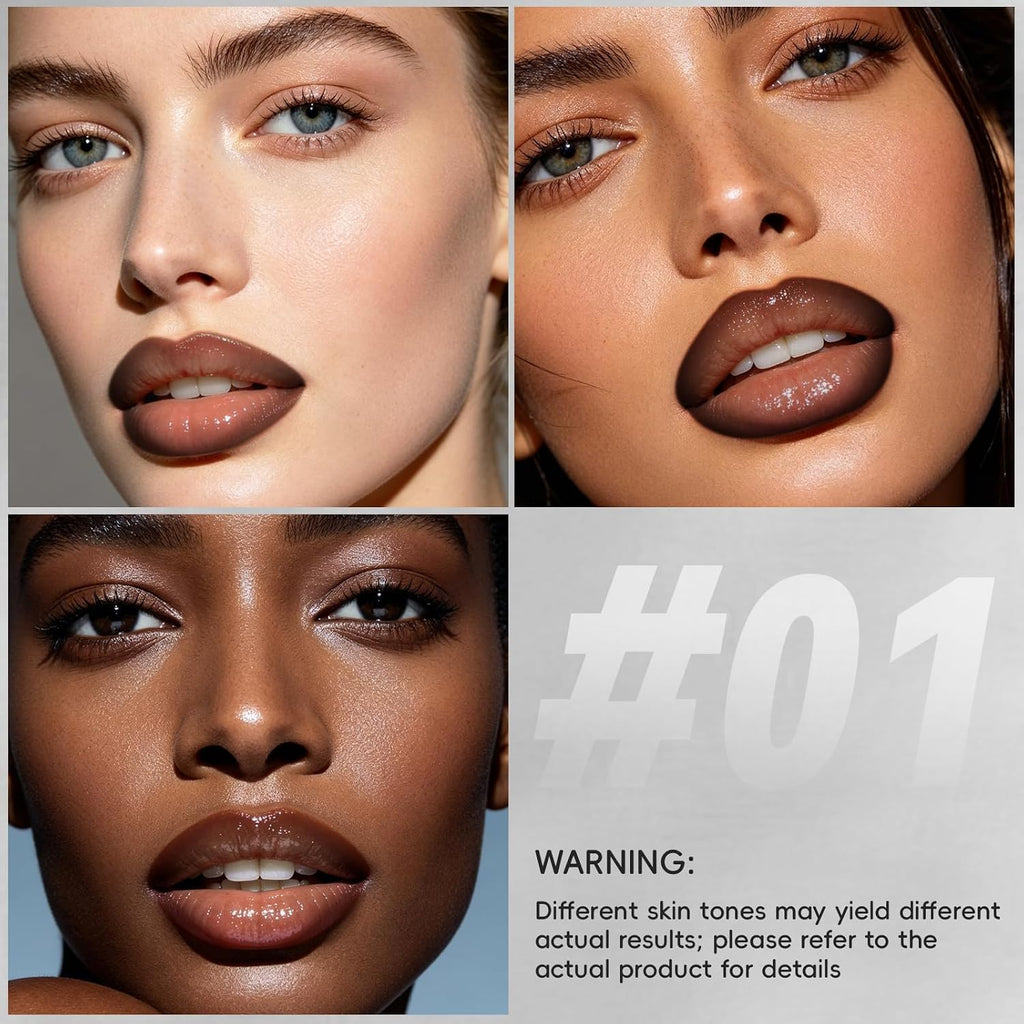 3Pcs Lip Combo Liner and Gloss Set, 2 in 1 Dual-Ended Moisturizing Plumping Brown Lip Liner Lipstick & High Shine