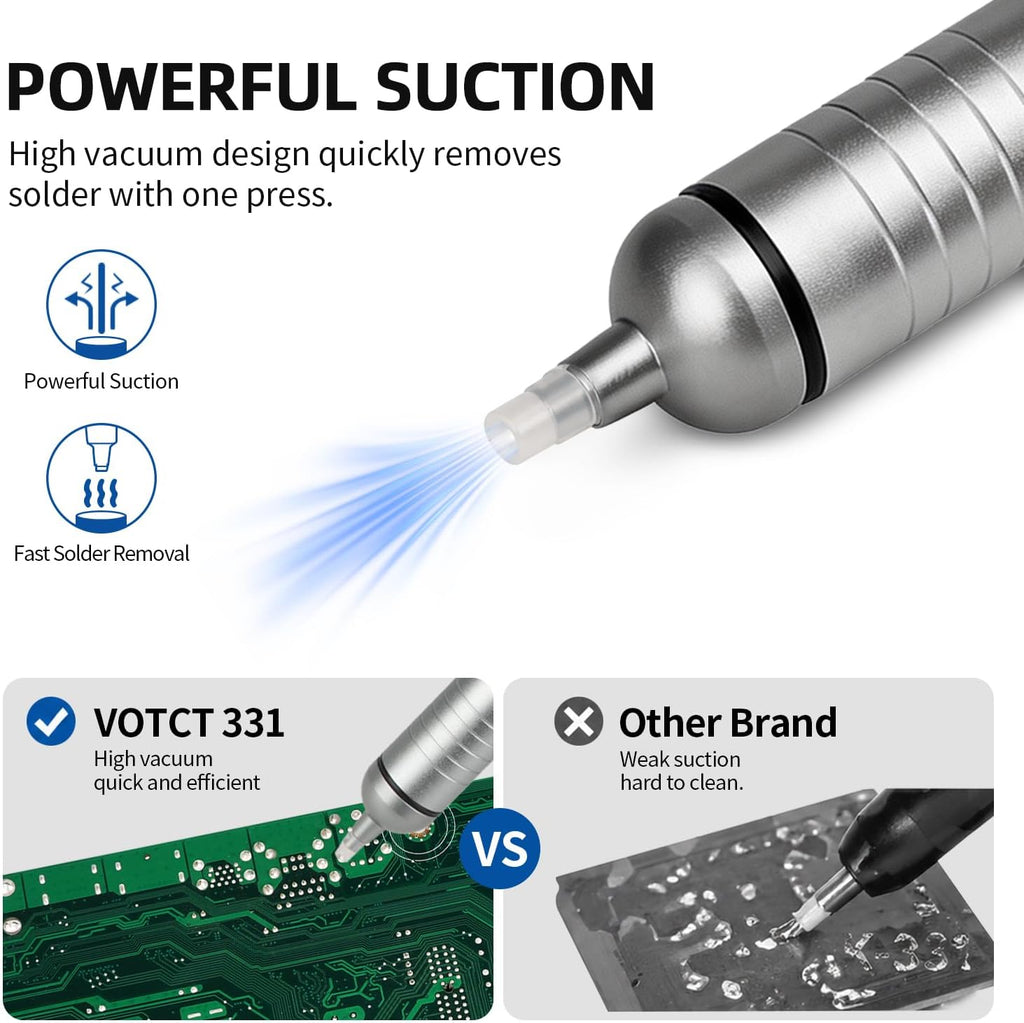 Solder Sucker No Clog Desoldering Pump for Solder Removing with Replaceable Heat Resistan Silicone Sucking Nozzle, Desoldering Tool Sodering Pump Strong Vacuum Aluminum Suction Remover