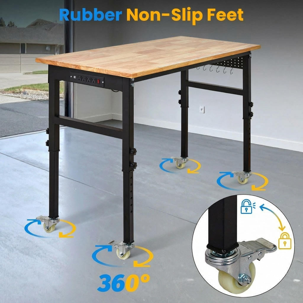 70-Inch Height Adjustable Workbench with Power Outlets, Solid Rubber Wood Top Heavy Duty Garage Tool Table