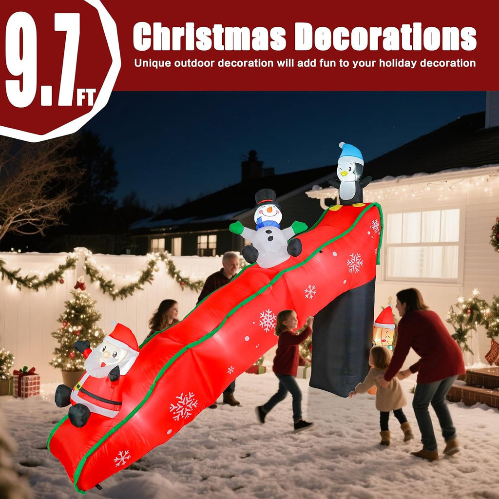 Christmas Inflatables Outdoor Decorations, 9.7FT Snowy Slide with Santa, Snowman, Penguin, Gingerbread Man, Animated