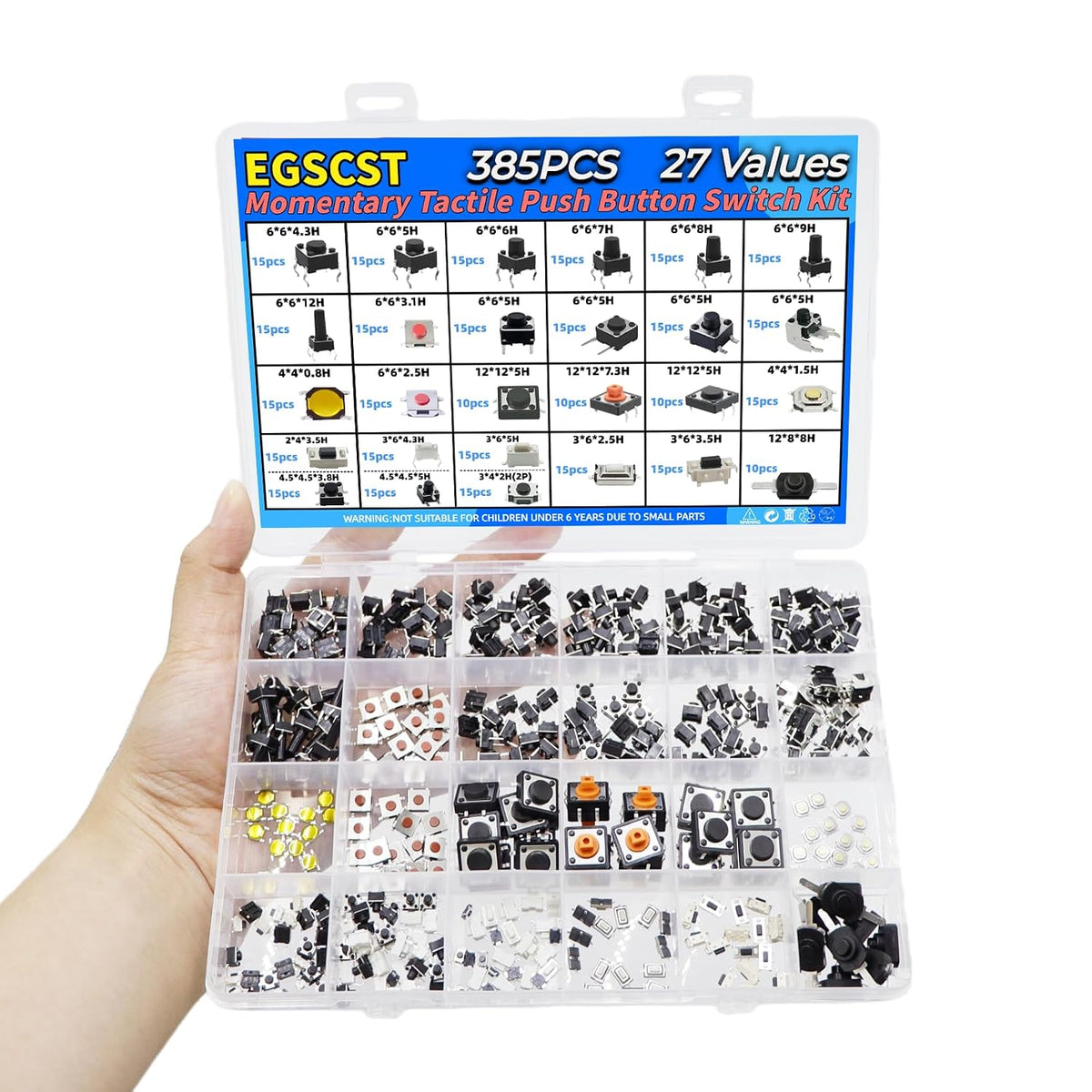 385PCS 27Values Micro Momentary Tactile Push Button Switch Assortment Kit 2 Pins/3 Pins/4 Pins Tact Pushbutton Switches Set