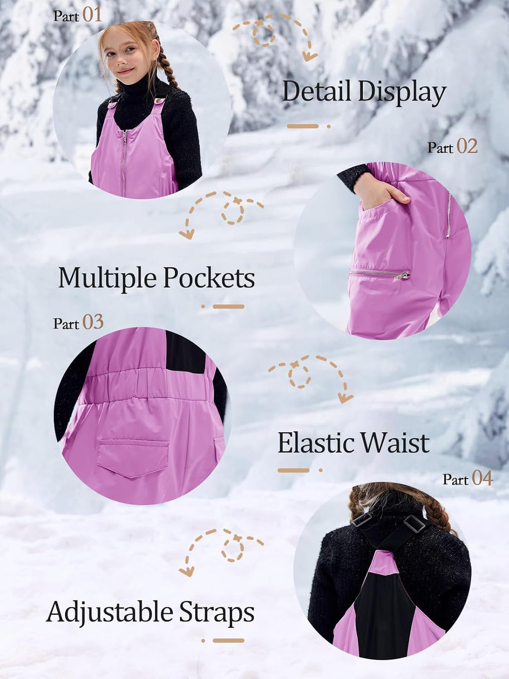 Kids Snow Bibs Waterproof Insulated Ski Pants Overalls Snowsuit | Easy on/off,Snow pants,Snowboard Overalls,,Girls
