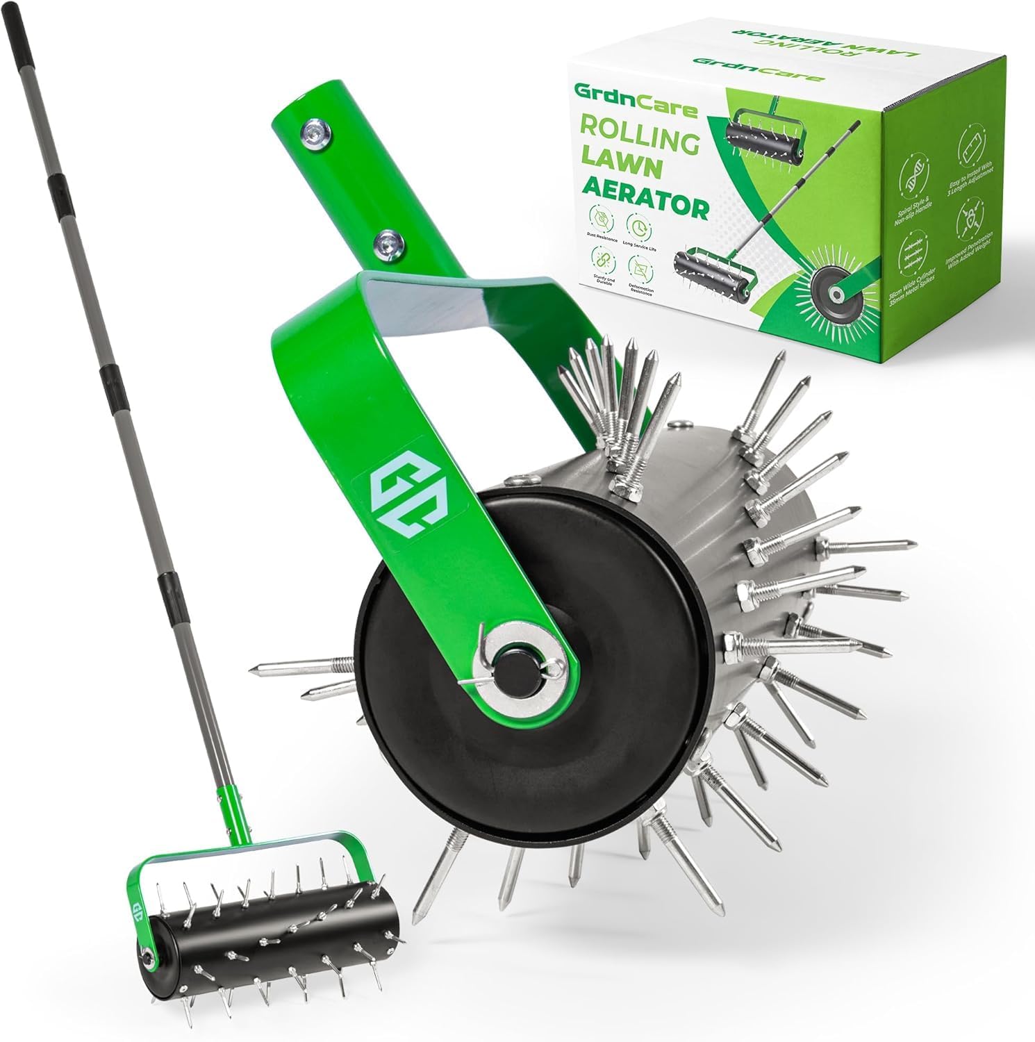 Manual Lawn Aerator Roller Tool, Heavy-Duty Rolling Lawn Aerator, 42 Pre-Attached Steel Spikes, 57 Inch Adjustable