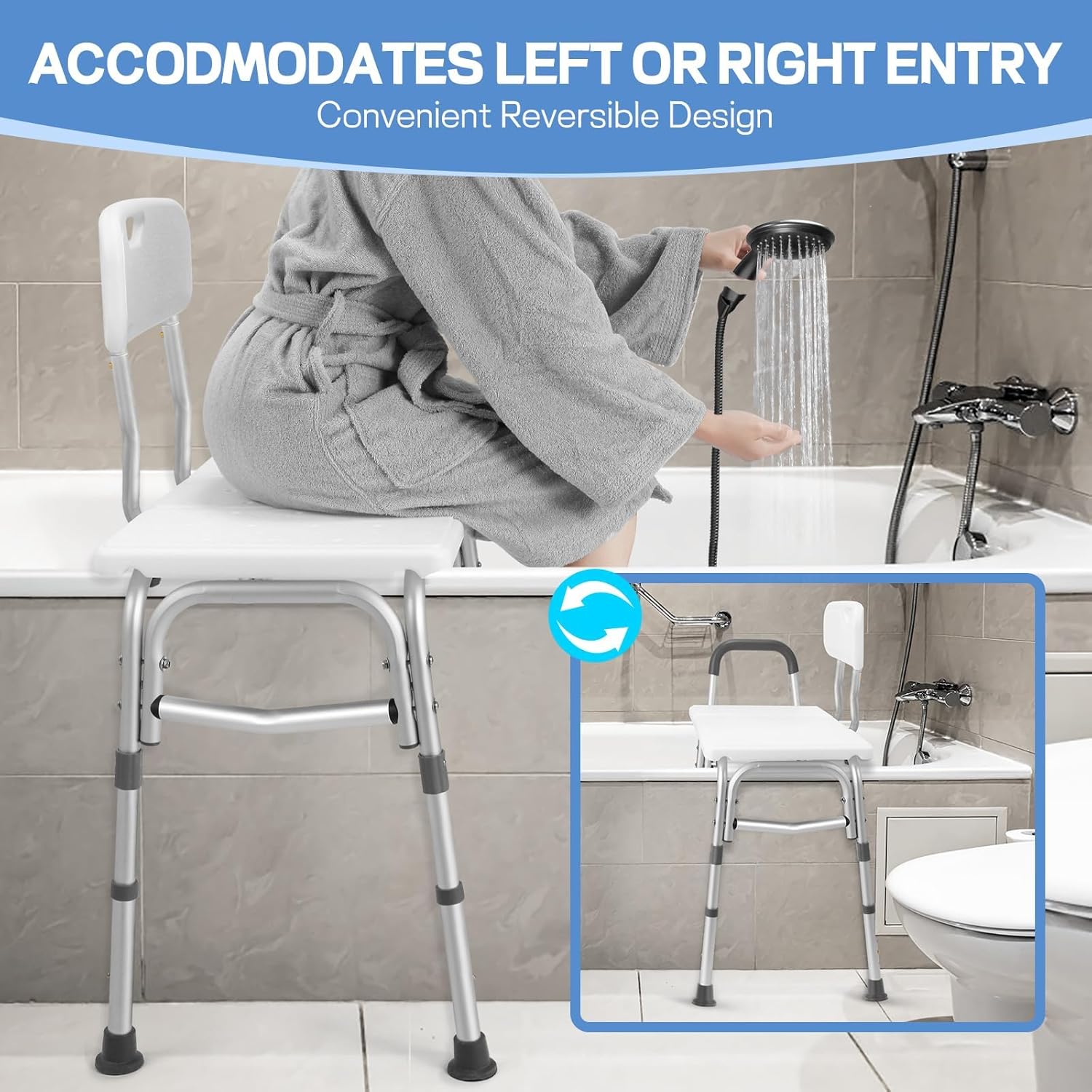 Tub Transfer Bench for Bathtub, Tool Free Assembly Shower Chair with Backrest & Armrest, Height Adjustable Shower