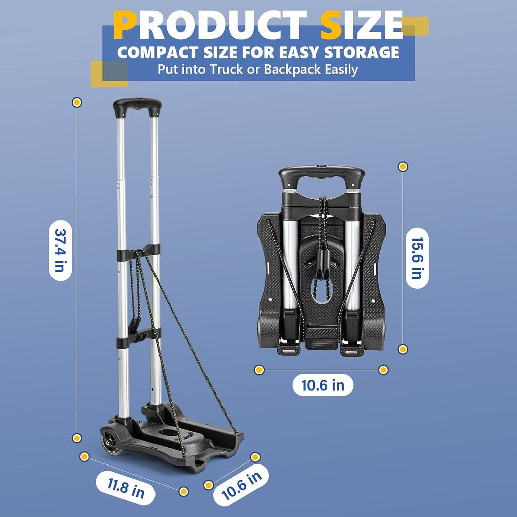 Small Folding Hand Truck Dolly with 2 Wheels, Foldable Luggage Cart, Lightweight Aluminum Collapsible Trolly Portable