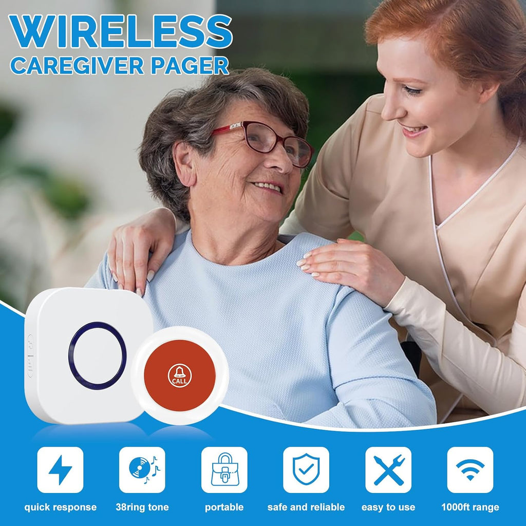 Caregiver Pager Wireless Emergency Button with SOS Alert for Seniors at Home - 38 Melodies 1000+ Feet Range for