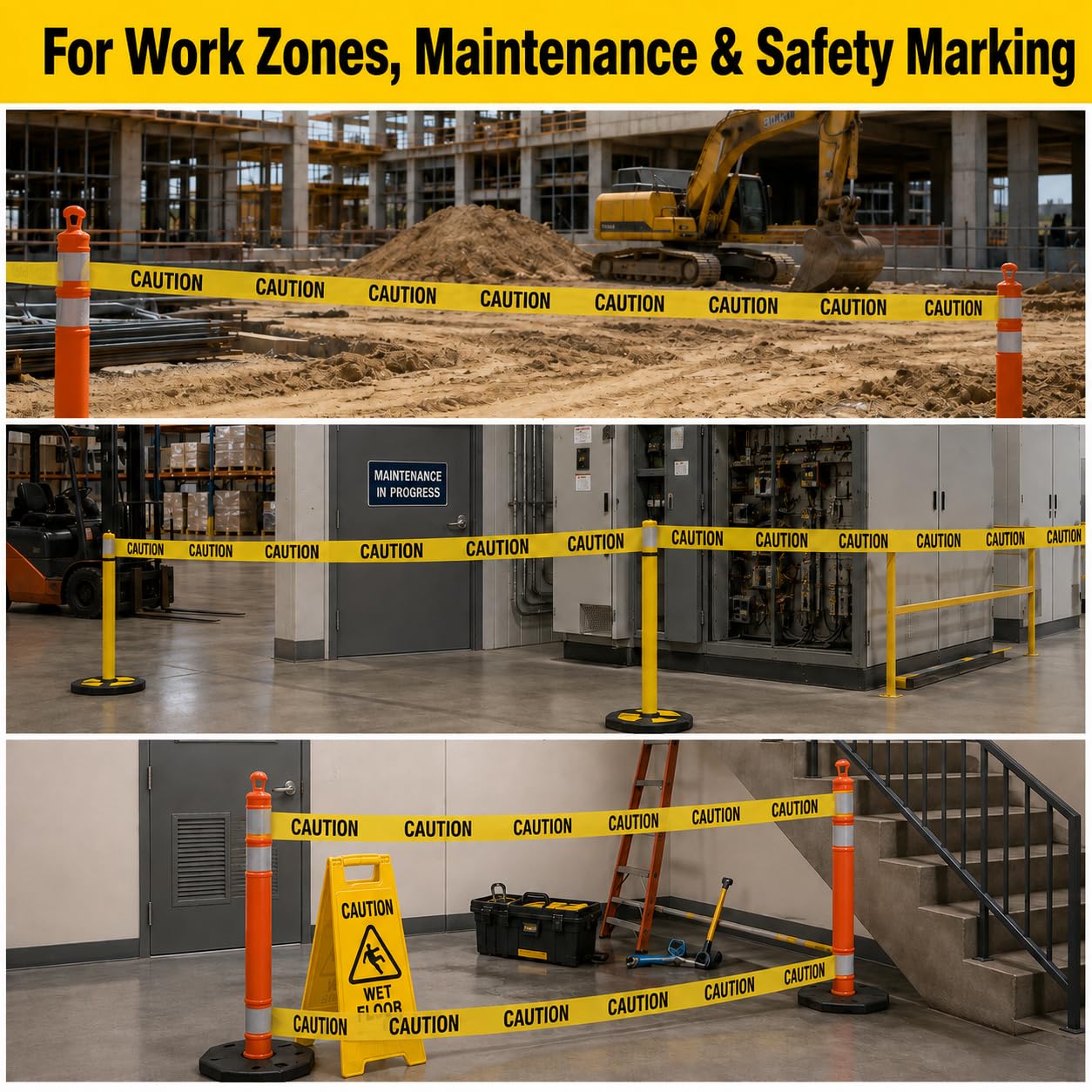 Yellow Caution Tape Roll Bulk, 6 Rolls x 1000ft, 6000 ft, 3" Wide | 6000 Ft Bulk Coverage, High-Visibility, Heavy
