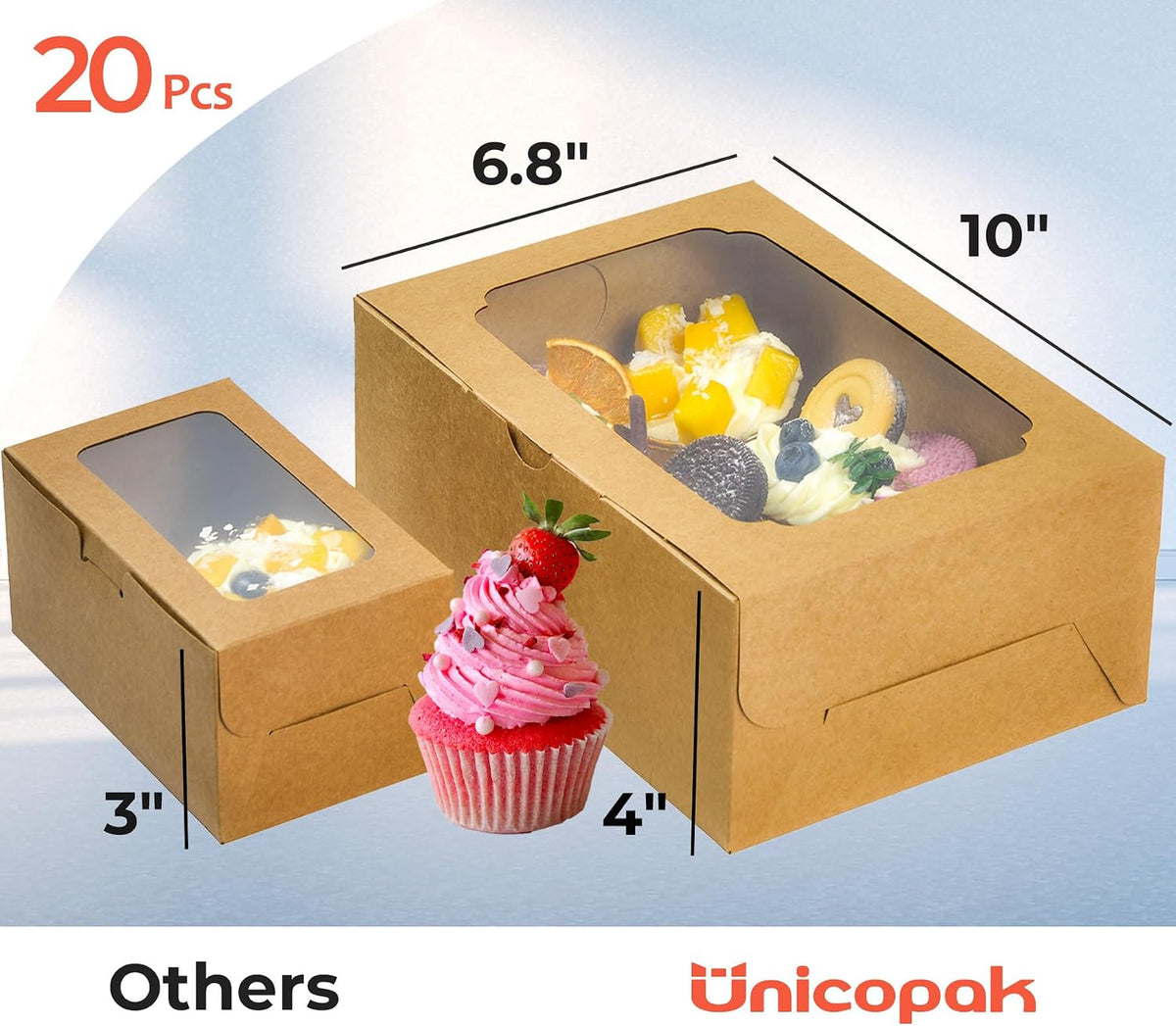 20 Pack Brown Cupcake Boxes with Handle Tray - 4" Tall Large Muffin Boxes for 6 Cupcakes - Professional Food-Grade