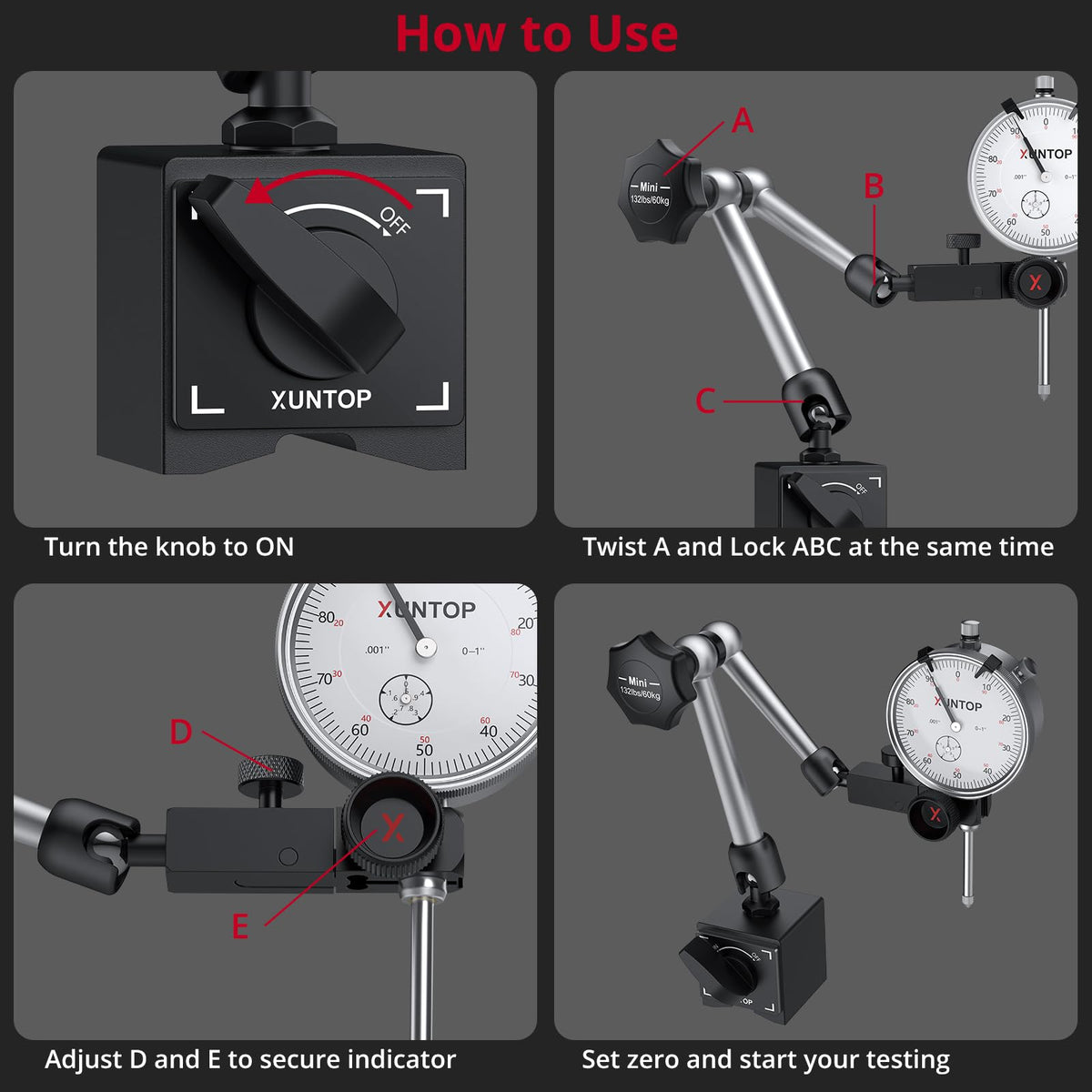 XUNTOP 1"/0.001" Dial Indicator with Magnetic Base,132lbs/60kg Max Pull