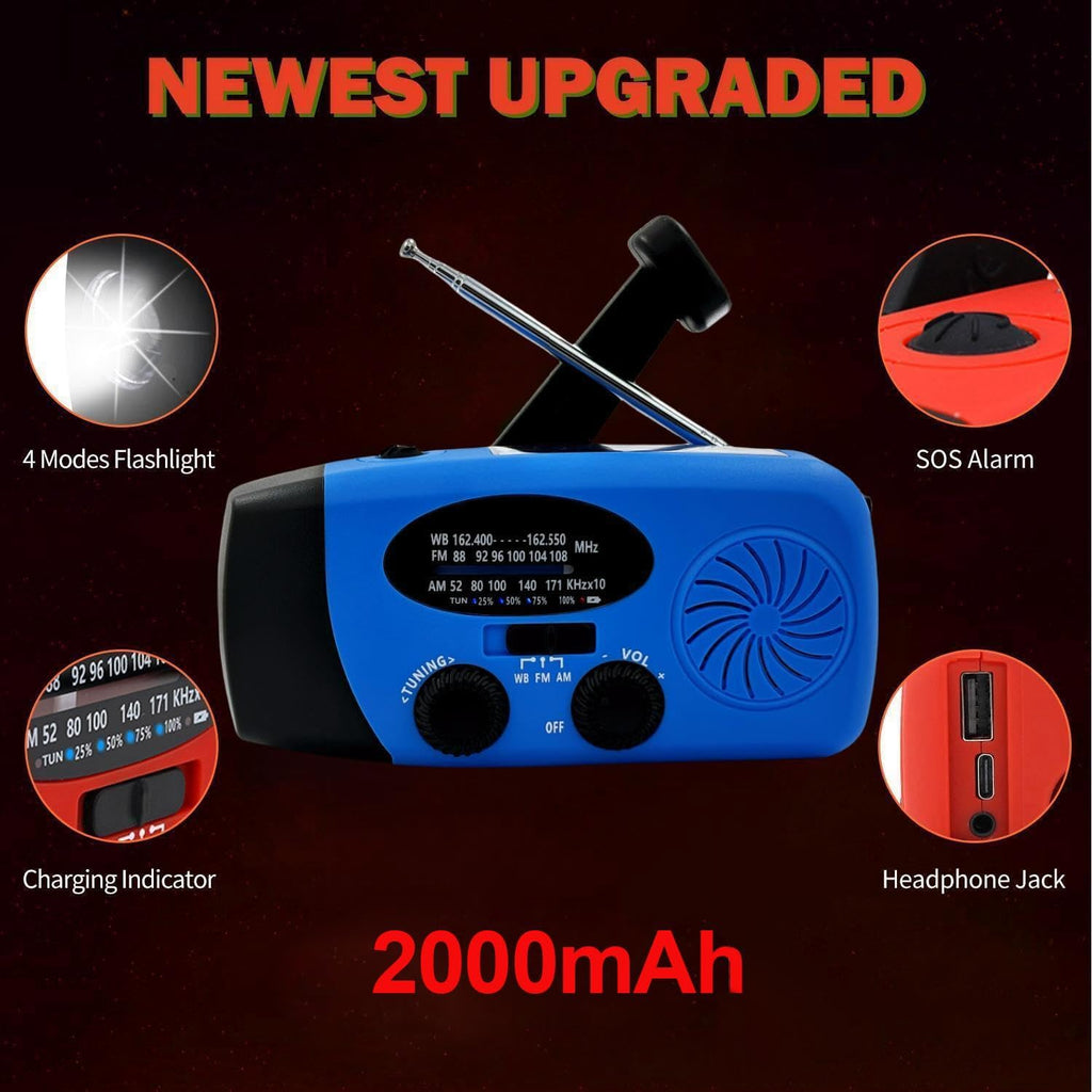 Weather Emergency Solar Hand Crank Radio, 2000mAh NOAA AM/FM | Portable Self Powered Radios with SOS Alarm LED