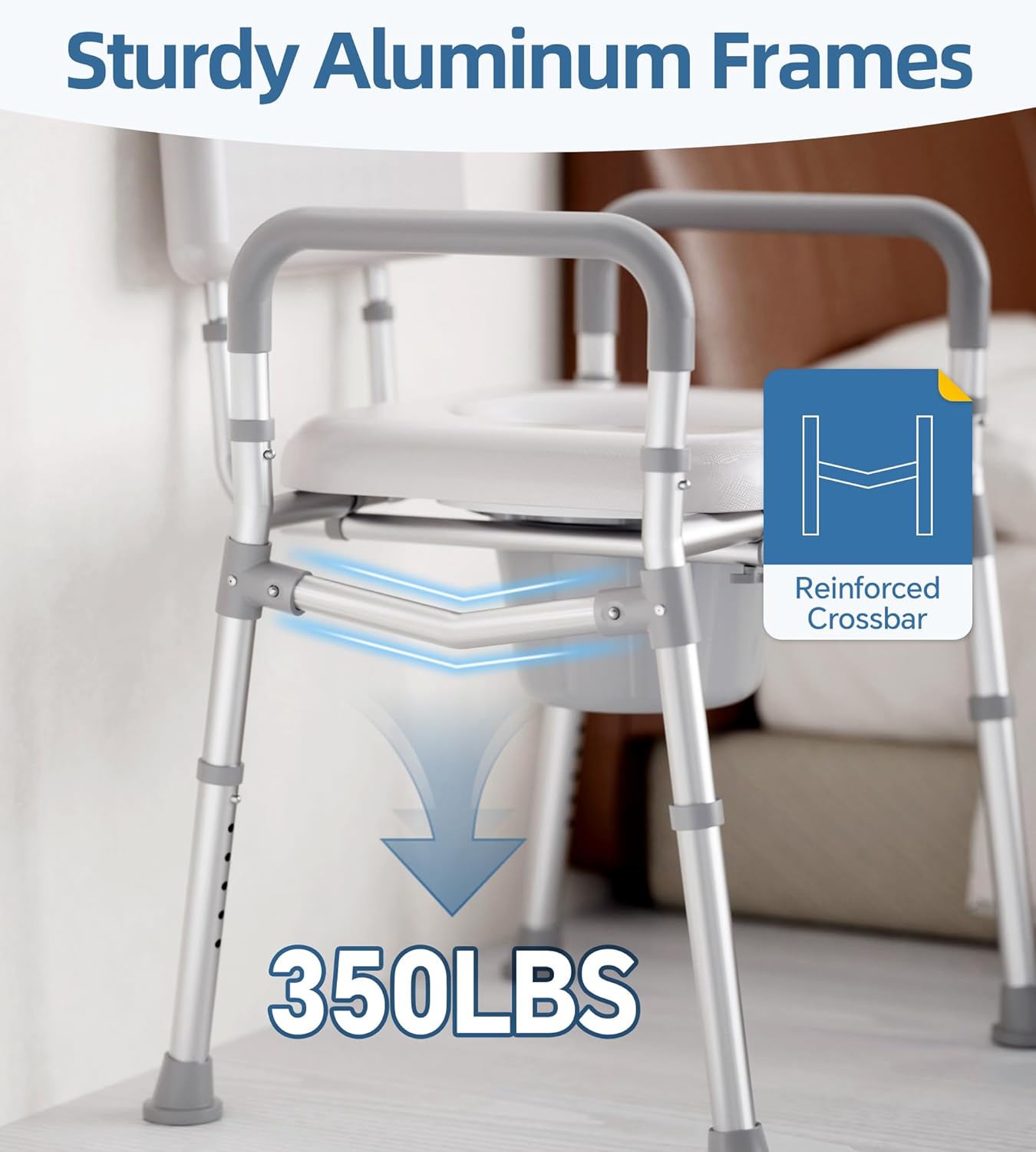 Bedside Commode with Padded Seat and Backrest, Aluminum Commode Toilet with Bucket, Easy Cleaning Portable Toilet for