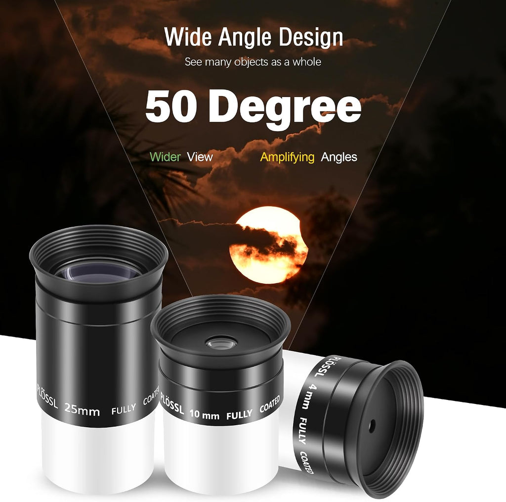 Eyepiece Set with 4 10 25mm Plossl Eyepieces & Barlow Lens 2X | Telescope Accessory Kit, 50 Degree Plossl Eyepiece