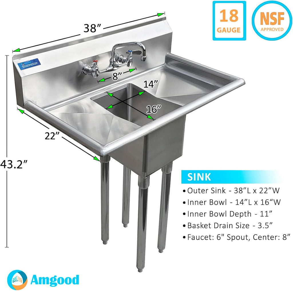 1 Compartment Commercial Sink - 38 x 22 in. Overall with Left & Right Drainboards - 14 x 16 x 11 in. Bowl - NSF