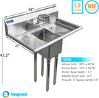 1 Compartment Commercial Sink - 38 x 22 in. Overall with Left & Right Drainboards - 14 x 16 x 11 in. Bowl - NSF