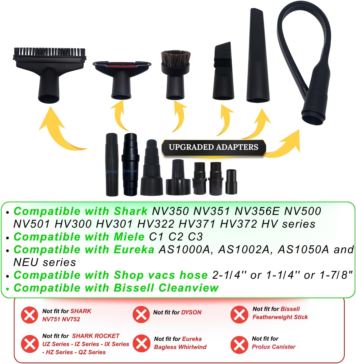 Replacement Vacuum Attachments & Brushes plus Universal Adapter Kit Compatible with Shop Vacs 2-1/4'' 1-7/8'' 1-3/8''