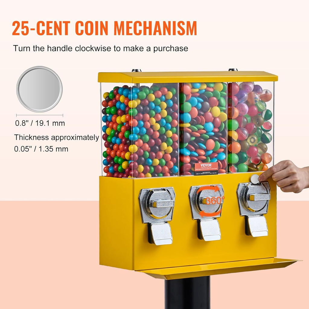 Commercial Vending Machine, Triple Compartment Candy Dispenser with Iron Stand, Gumball and Candy Machine for