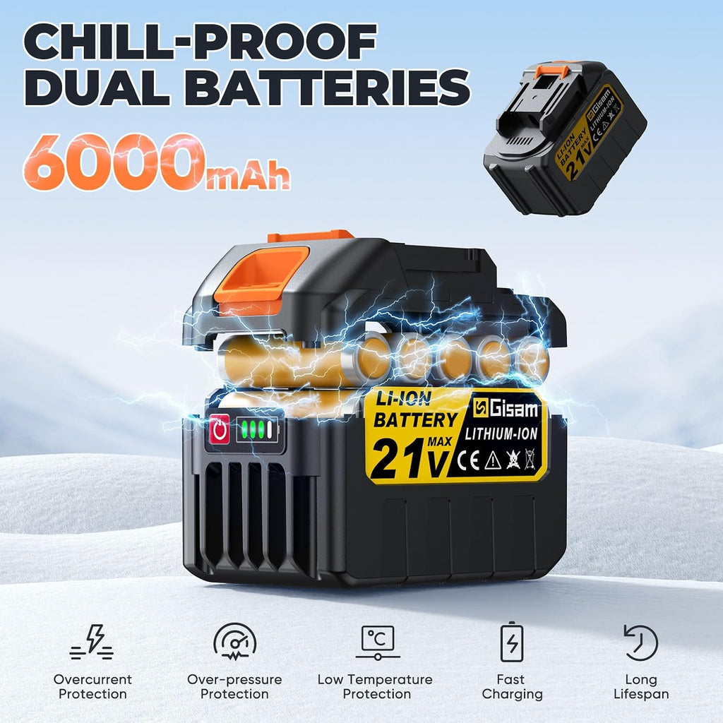 Cordless Snow Shovel, 3500W Battery Snow Blower with Dual 6.0Ah Anti-Freeze Batteries & Base Plate, 25.6Ft Throw