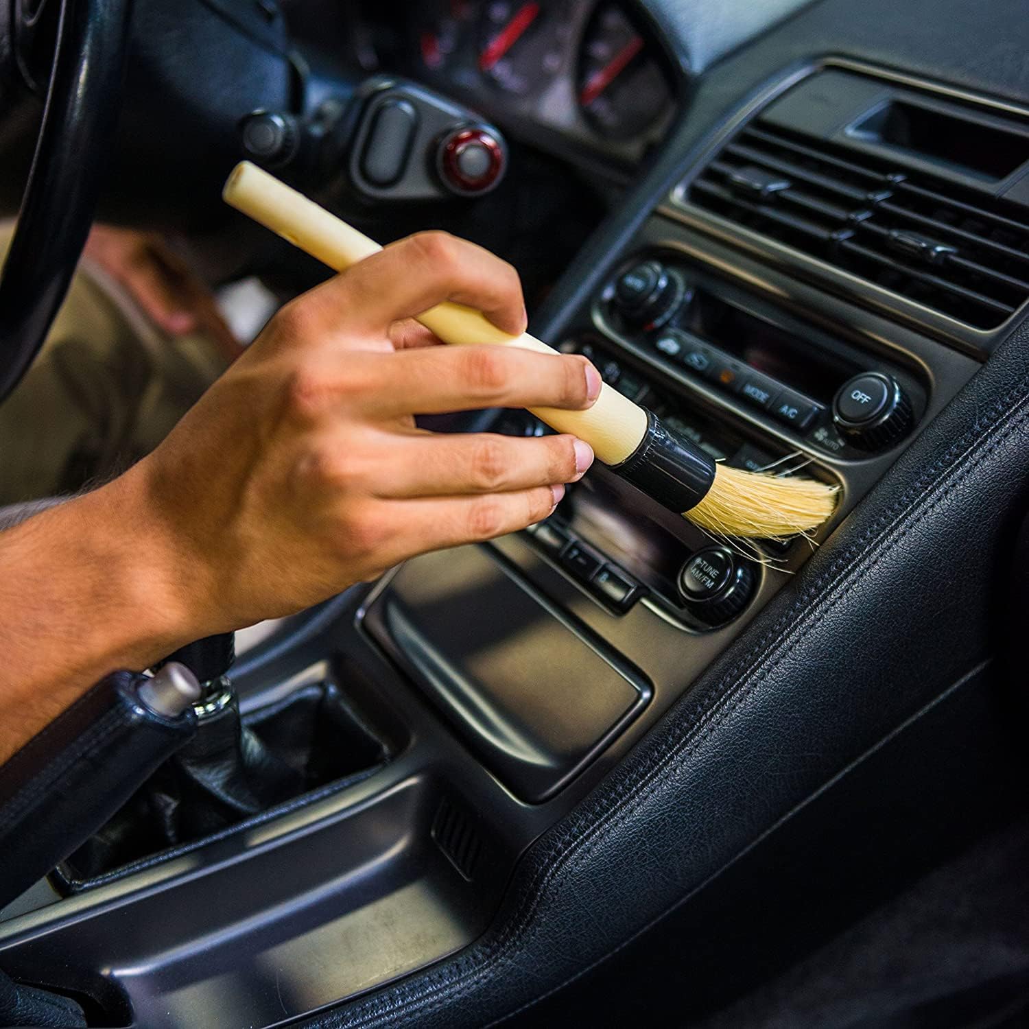 Boars Hair Detailing Brush - Gentle Scratch-Free Cleaning for Wheels, Grilles, Emblems, and Interior Surfaces