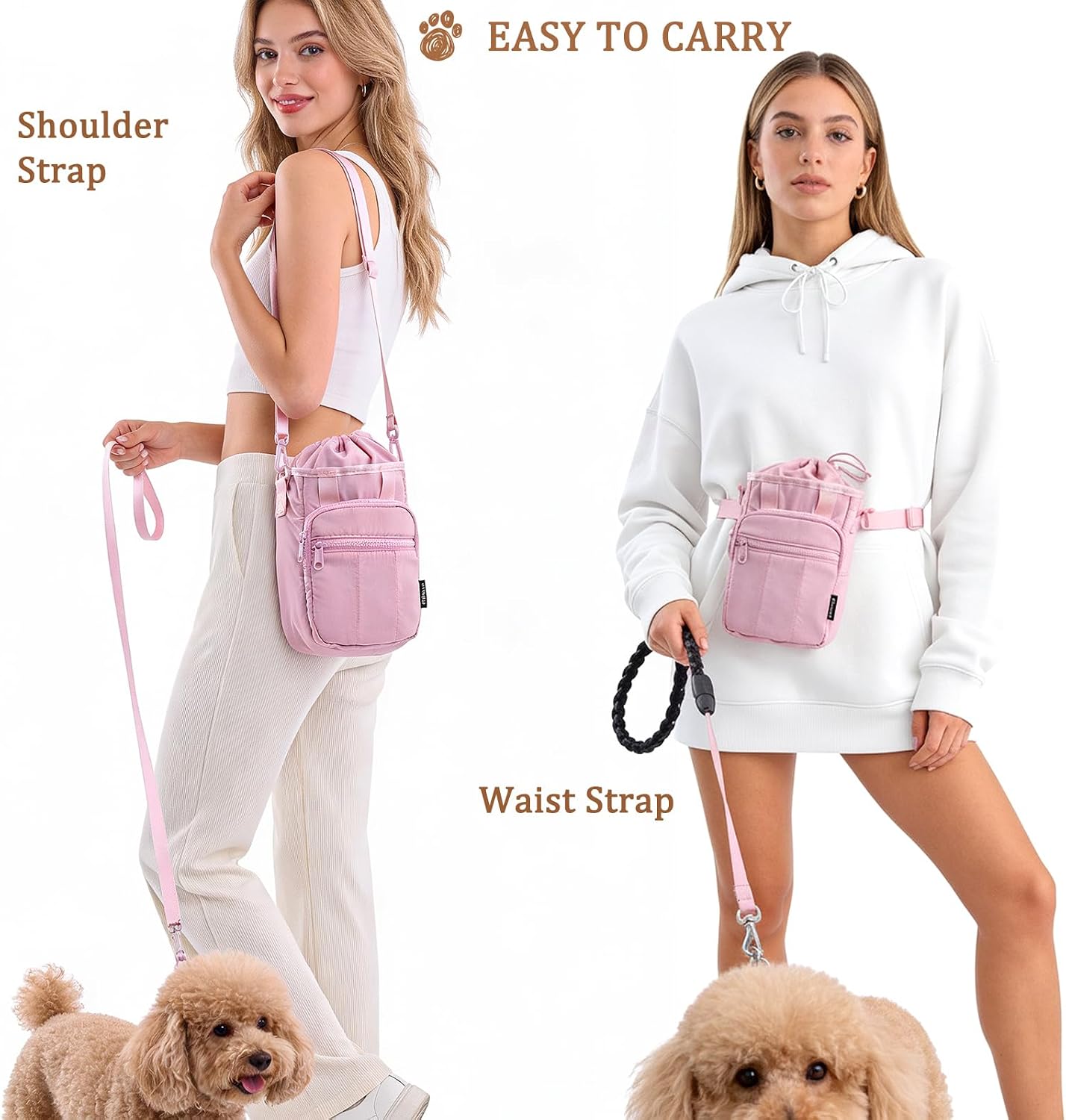 Stylish Dog Training Treat Pouch with Waist & Shoulder Strap, Dog Treat Bag for Walking and Training, Removable