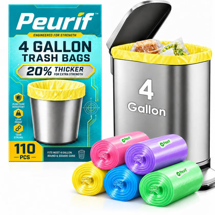 4 Gallon Small Colorful Trash Bags 110 Count 20% Thicker Design