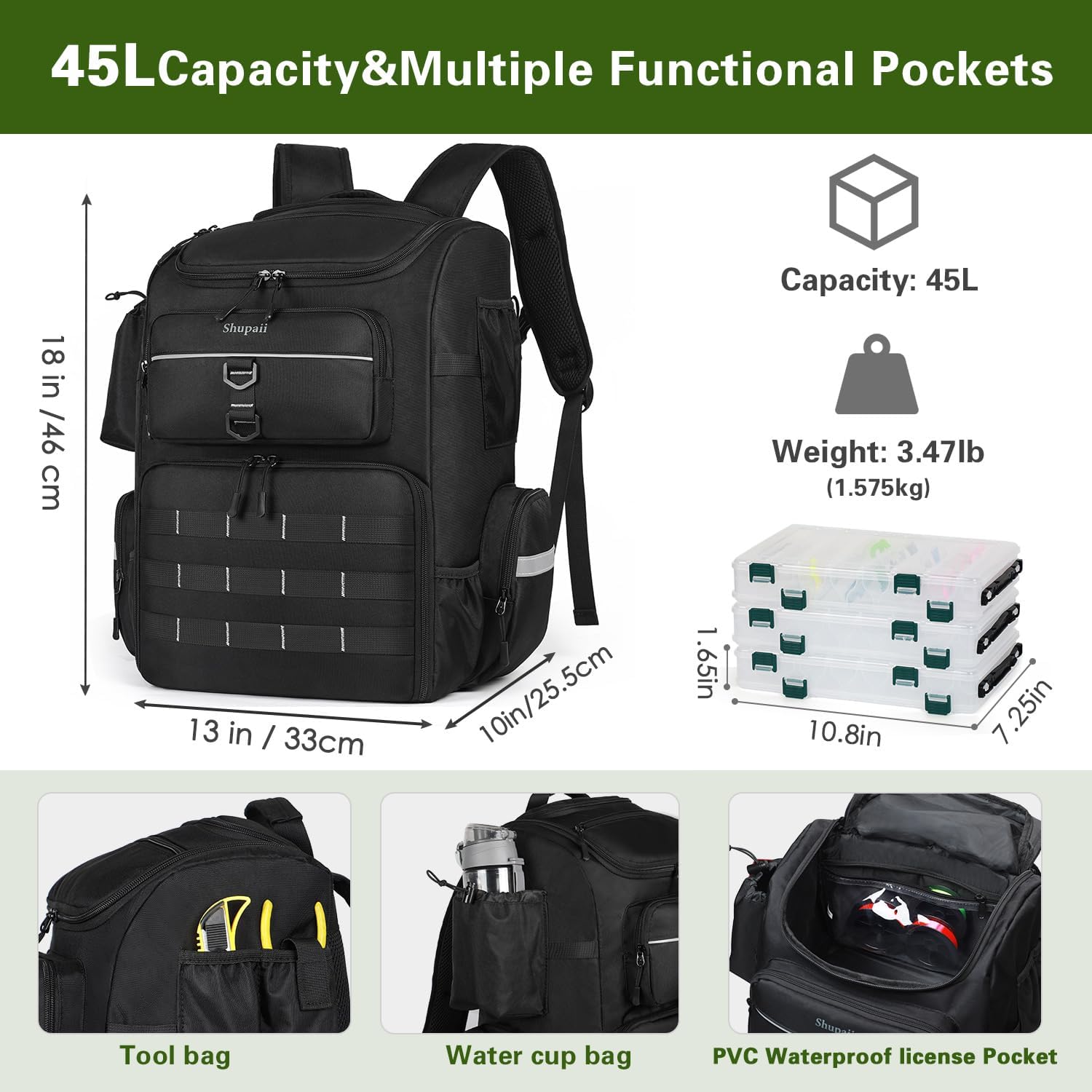 Fishing Backpack with Rod Holder | Large, Water Resistant, Tackle Storage Bag, Fishing Gear, Gifts for Men