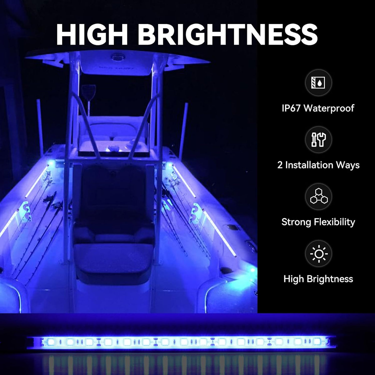LED Boat Interior Strip Lights, Blue, IP 67 Waterproof 4-Pack