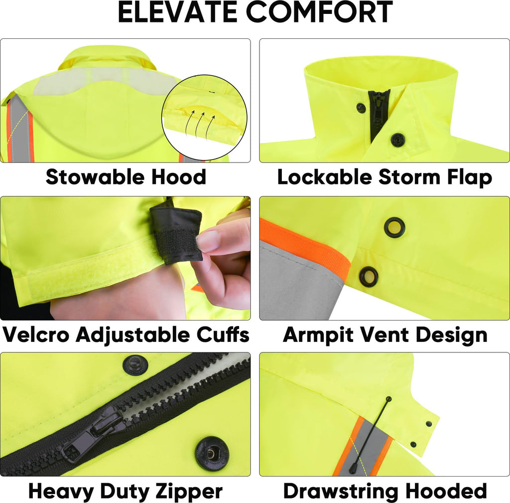 Reflective Rain Coat, Waterproof ANSI Class 3 Hi Vis Trench Coat