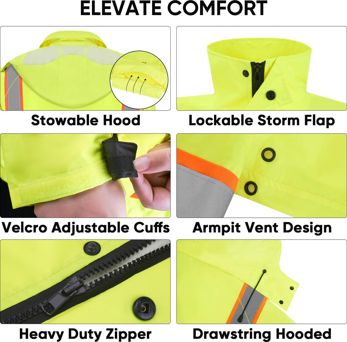 Reflective Rain Coat, Waterproof ANSI Class 3 Hi Vis Trench Coat