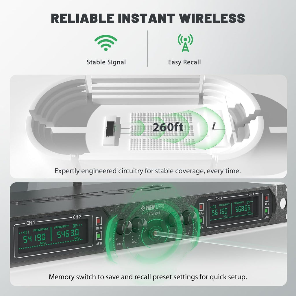 4-Ch UHF Fixed Frequency Wireless Microphone System PTU-5000-4H | 4 Dynamic Handheld Mics, Metal Build, 260 ft Range