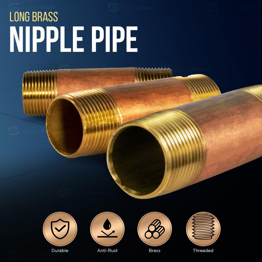 Supply Giant NPBR1245 4-1/2" Long Brass Nipple Pipe Fitting with 1/2" Nominal Diameter and NPT Ends