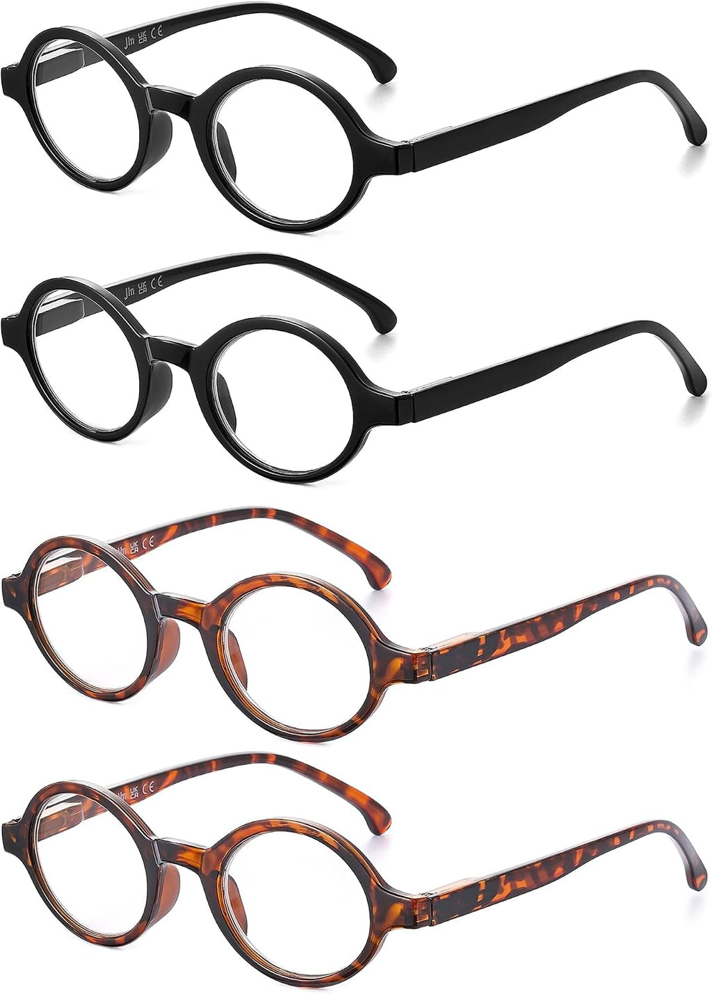 Retro Reading Glasses Men Women Round Readers Eye Glasses Spring Hinge | 4 Pack, Scratch-resistant Lens, Clear