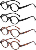 Retro Reading Glasses Men Women Round Readers Eye Glasses Spring Hinge | 4 Pack, Scratch-resistant Lens, Clear