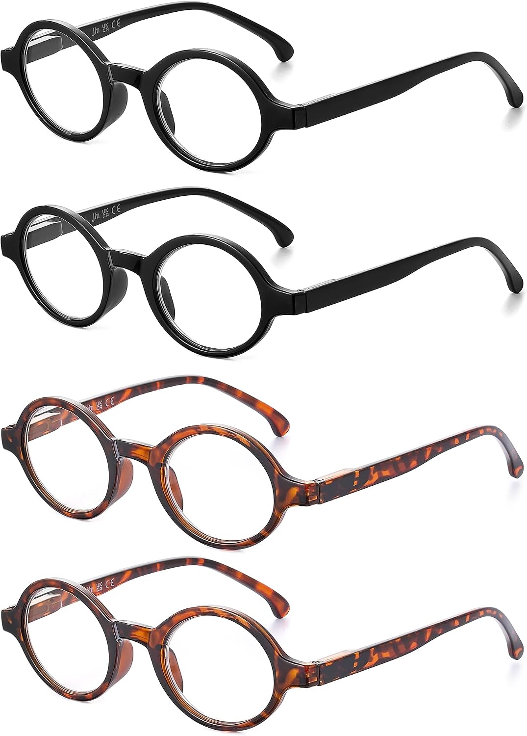 Retro Reading Glasses Men Women Round Readers Eye Glasses Spring Hinge | 4 Pack, Scratch-resistant Lens, Clear