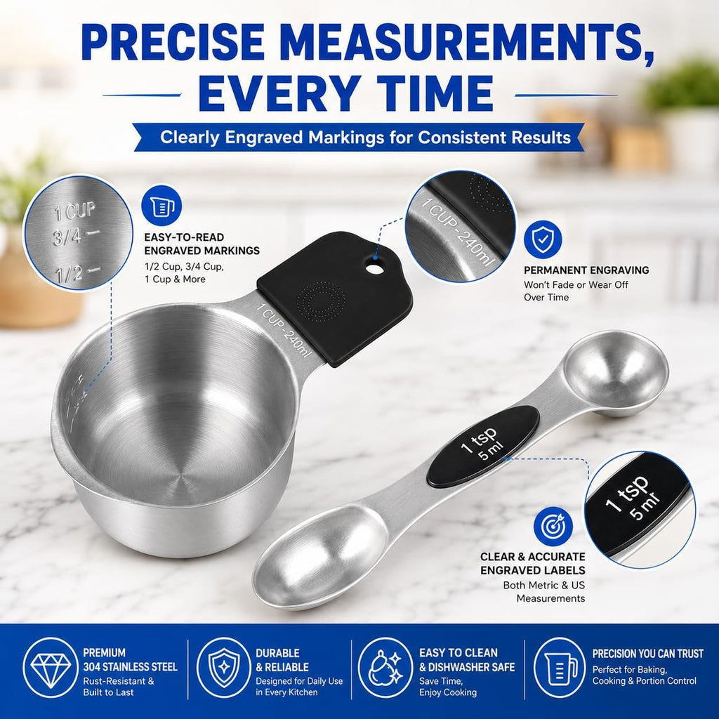 Magnetic Measuring Cups and Spoons Set, Strong N52 Magnets, Heavy Duty 304 Stainless Steel Fits in Spice Jars for