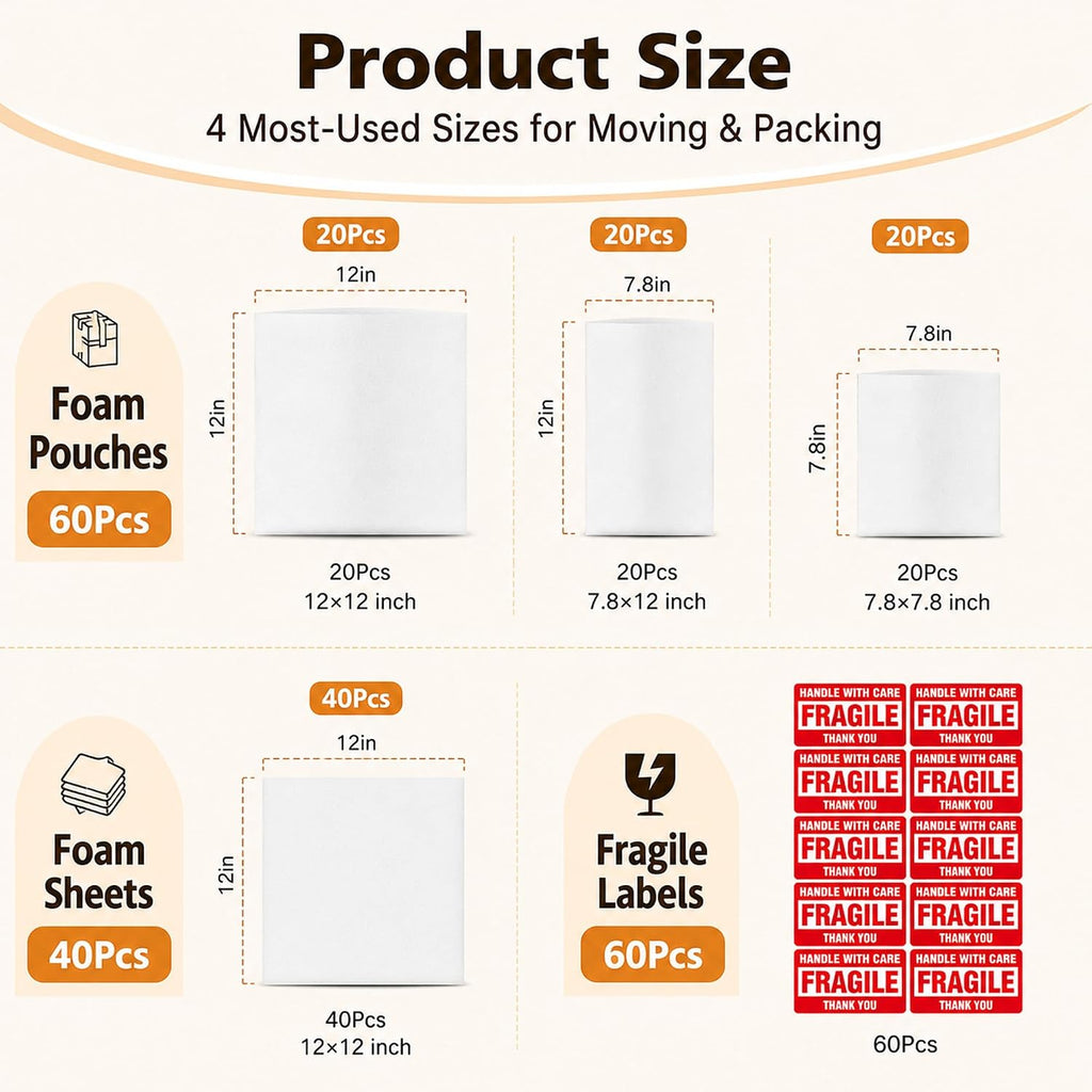 160pcs Dish Packing Supplies for Moving, 3 Size Foam Pouches&sheets