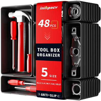 【48PCS & 5 Sizes】 Tool Box Organizer Tray, Toolbox Drawer Organizer with Non-Slip Pads, Desk Drawer Divider Set, Fits