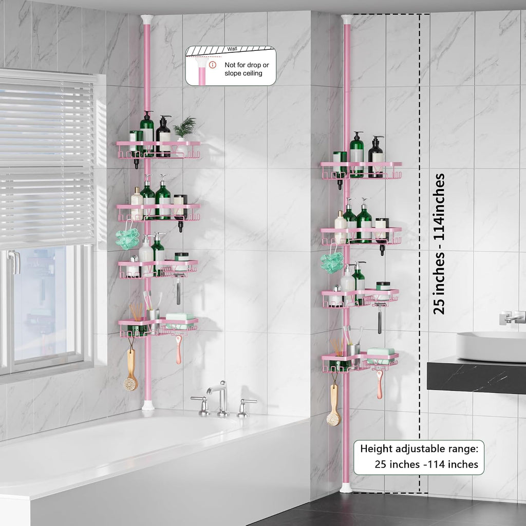 Corner Shower Caddy Tension Pole - Corner Shower Organizer Pink Cute | Bathroom Shower Shelf for Shampoo, 25–114 Inch