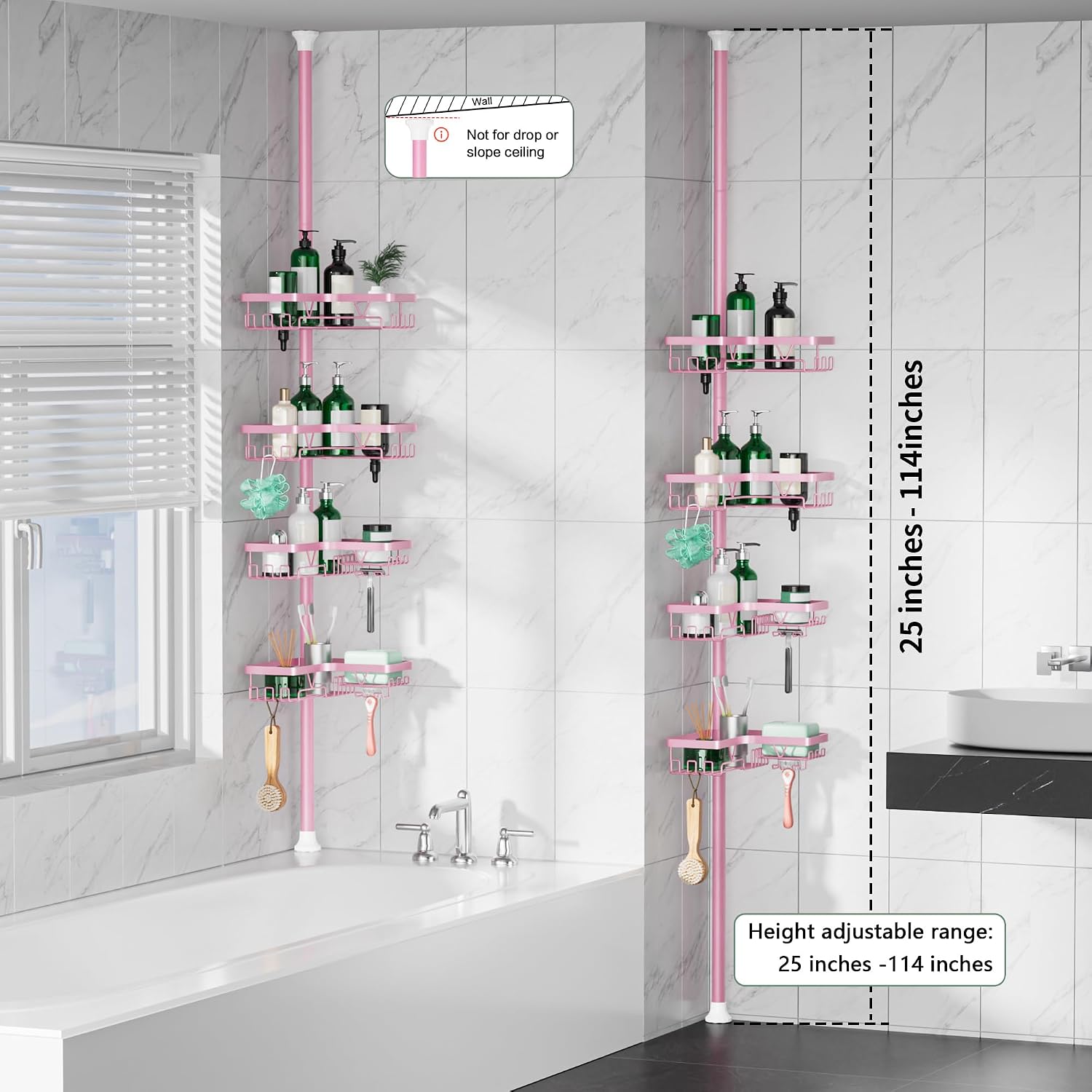 Corner Shower Caddy Tension Pole - Corner Shower Organizer Pink Cute | Bathroom Shower Shelf for Shampoo, 25–114 Inch
