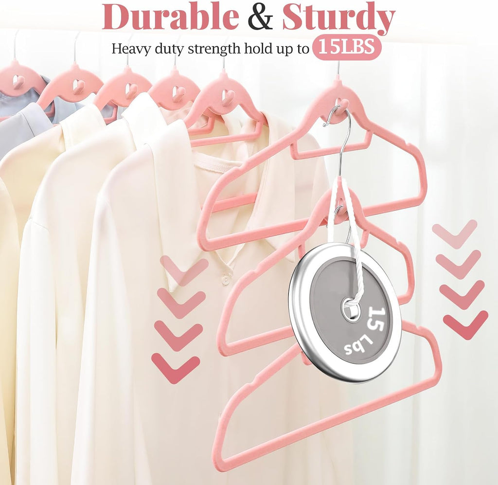 Velvet Felt Stackable Hangers 50 Pack, Thin & Space Saving, Pink | Non Slip, 15Lbs Capacity Heavy Duty With 360°