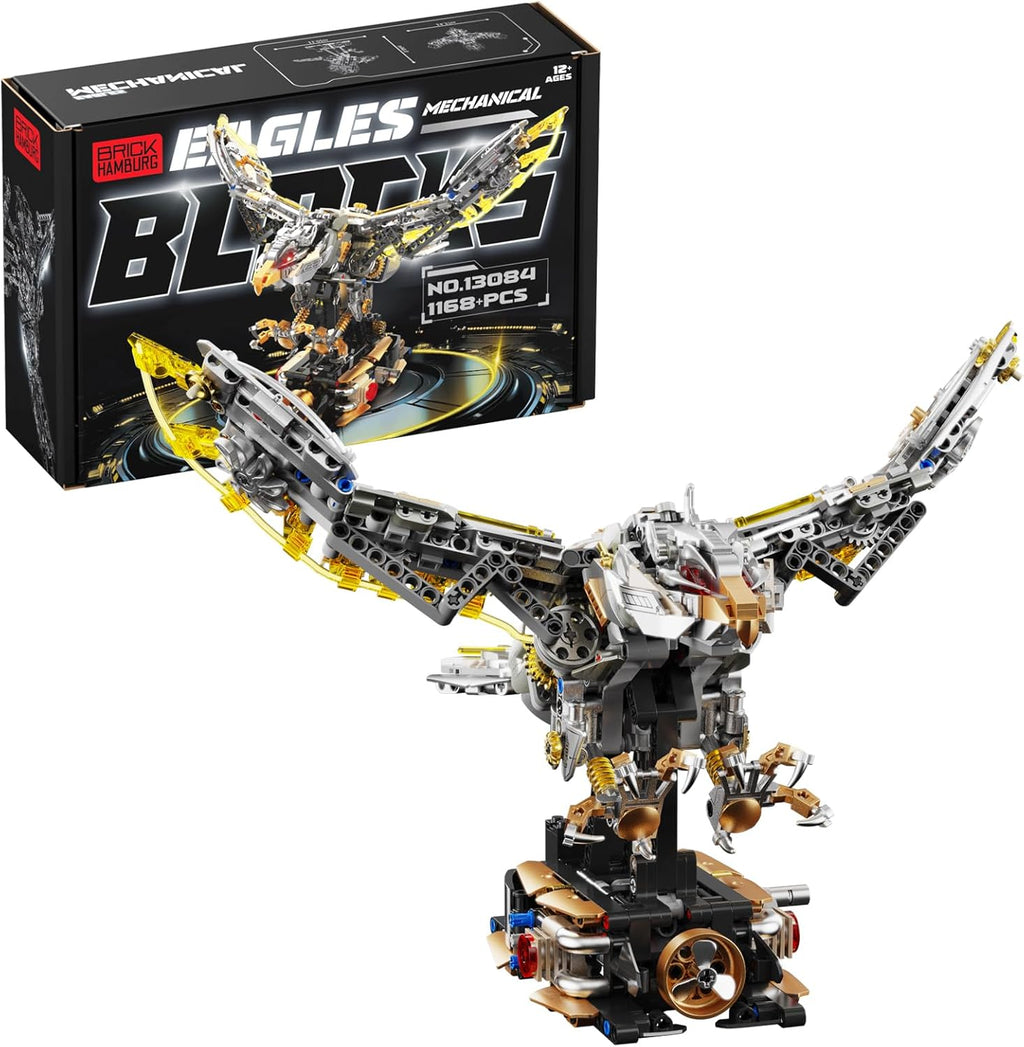 1168-PCS Mechanical Eagle Building Block Set with LED Light, Movable Linkage Gears, Display Stand - Animals Building